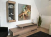 Wohnwand Verona aus Eiche massiv weiß geölt – Front im Wohnambiente, 210×200×50 cm