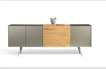 Sideboard Scholtissek Talio knorrige Eiche massiv natur geölt, Glas matt Platin 240x90x42cm