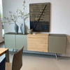 Sideboard Scholtissek Talio knorrige Eiche massiv natur geölt, Glas matt Platin 240x90x42cm