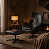 Leolux Caruzzo Ohrensessel mit Hocker Fine, Leder Senso Schwarz, in gemütlichem Cocooning-Wohnzimmer