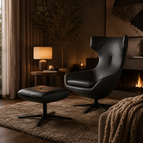 Leolux Caruzzo Ohrensessel mit Hocker Fine, Leder Senso Schwarz, in gemütlichem Cocooning-Wohnzimmer