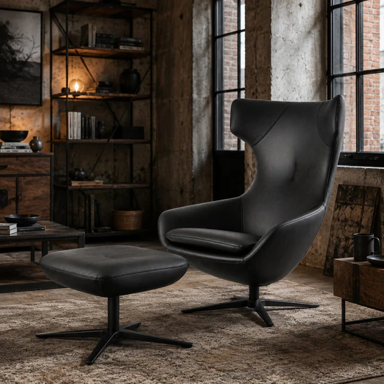 Leolux Caruzzo Ohrensessel mit Hocker Fine in schwarzem Leder Senso im Industrial-Loft-Wohnzimmer