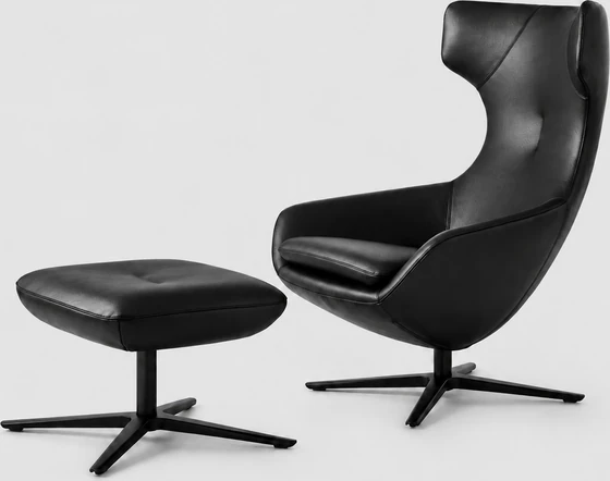 Leolux Caruzzo Ohrensessel Leder Senso Schwarz mit Hocker Fine, schwarzem Gestell und Relaxfunktion