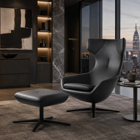 Leolux Caruzzo Ohrensessel Leder Senso Schwarz mit Hocker Fine in urbanem Apartment-Ambiente