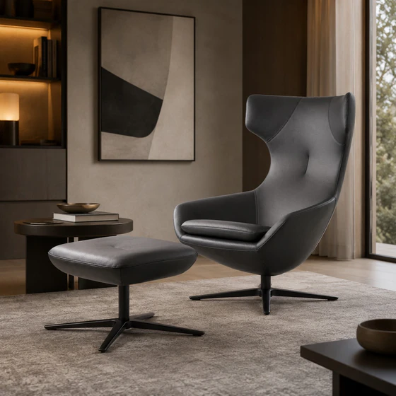 Leolux Caruzzo Ohrensessel in Leder Senso Schwarz mit Hocker Fine in modernem Wohnambiente