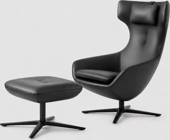 Leolux Caruzzo Ohrensessel mit Nackenkissen, Leder Senso Schwarz, Hocker Fine und schwarzem Gestell