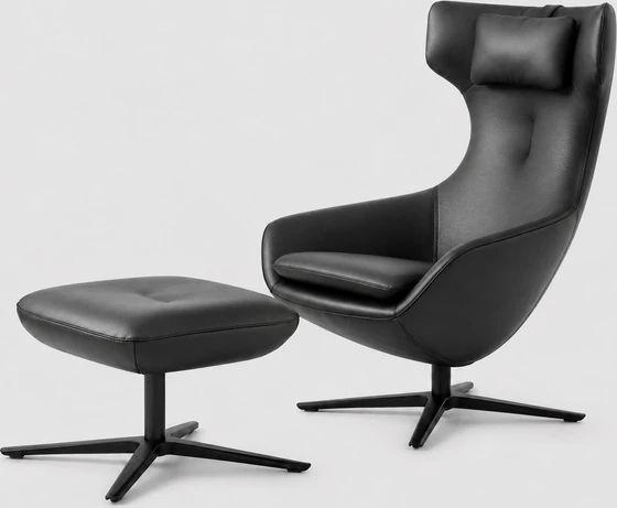 Leolux Caruzzo Ohrensessel mit Nackenkissen, Leder Senso Schwarz, Hocker Fine und schwarzem Gestell