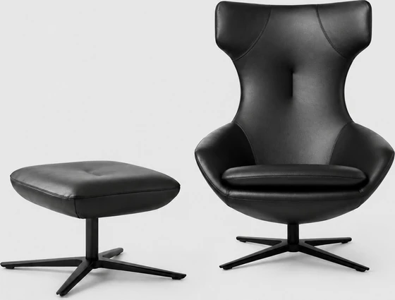 Leolux Caruzzo Ohrensessel Variante Pure in Leder Senso Schwarz mit Hocker Fine, Frontansicht