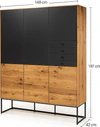 Scholtissek Geschirrschrank Alleskönner aus massiver astiger Eiche natur geölt mit schwarzen Glastüren und Schubladen, auf Metallgestell, moderne Designmöbel Rendering Computergeneriert