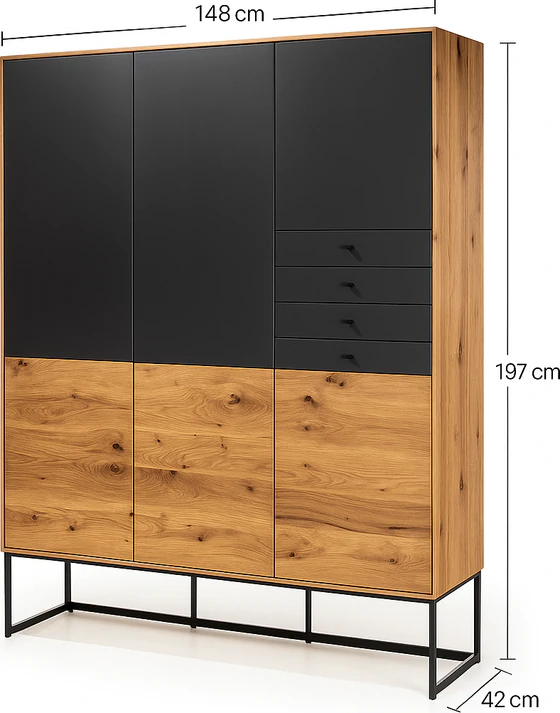 Scholtissek Geschirrschrank Alleskönner aus massiver astiger Eiche natur geölt mit schwarzen Glastüren und Schubladen, auf Metallgestell, moderne Designmöbel Rendering Computergeneriert