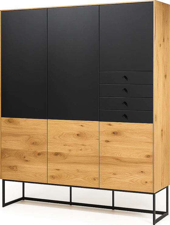 Scholtissek Geschirrschrank Alleskönner aus massiver astiger Eiche natur geölt mit schwarzen Glastüren und Schubladen, auf Metallgestell, moderne Designmöbel, computergeneriertes Rendering