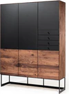 Großer Geschirrschrank Alleskönner von Scholtissek in astigem Nussbaum mit schwarzen Glaseinsätzen und Eisengestell, seitliche Ansicht