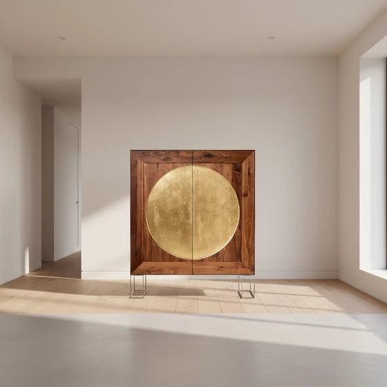 Scholtissek LUNA Geschirrschrank in astigem Nussbaum mit vergoldetem Kreismotiv, 150×180×42 cm, Freisteller
