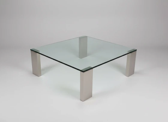 Solmet Glascouchtisch Giava mit Kristallglasplatte und satiniertem Edelstahlgestell, Ausstellungsstück 100 x 100 cm