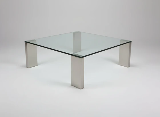Glascouchtisch Giava von Solmet, Kristallglasplatte auf Edelstahlgestell, quadratisch 100 x 100 cm