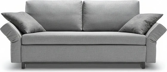 Signet Nick Schlafsofa 157×209, Stoff Sara, Bügelfuß Buche, Frontansicht, Freisteller Stoff Grau