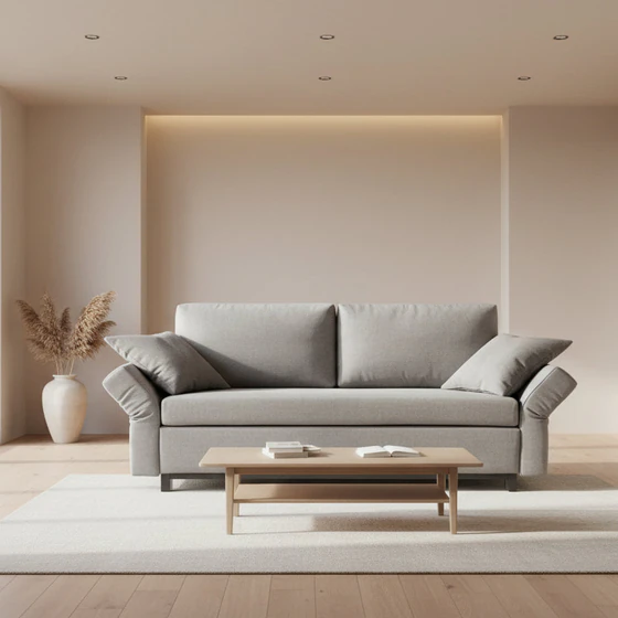 Signet Nick Schlafsofa 157×209, Stoff Sara, Bügelfuß Buche, Frontansicht, grau, Ambiente