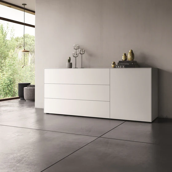Piure Nex Pur Box 2023800 in White – Sideboard 180×75×48 cm, 3 Schubladen links, 1 Tür rechts, Mattlack in modernem Wohnambiente