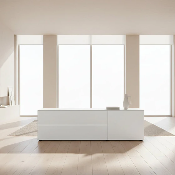 Piure Nex Pur Box 2020400 in White – Lowboard 180×50×48 cm mit 2 Schubladen links und 1 Tür rechts, im Wohnambiente