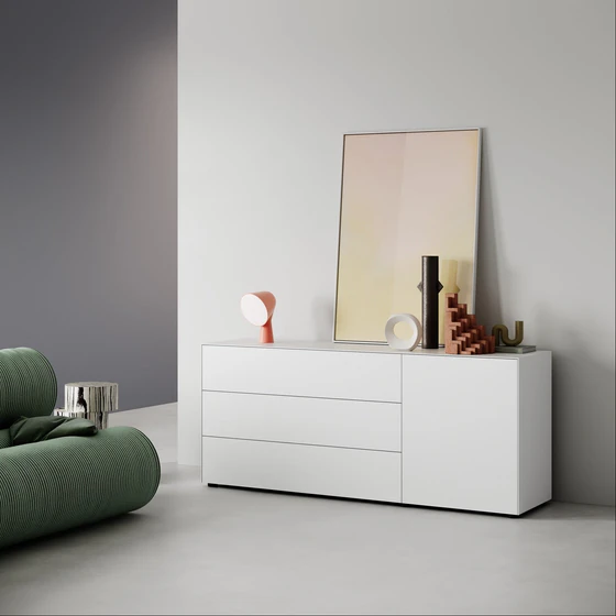 Piure Nex Pur Box 2023800 in White – Sideboard 180×75×48 cm, 3 Schubladen links, 1 Tür rechts, Mattlack cooler Wohnraum