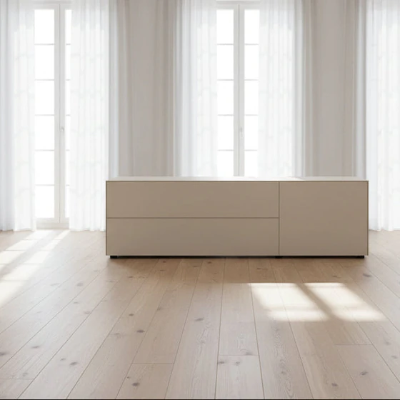 Piure Nex Pur Box 2020400 in White – Lowboard 180×50×48 cm, 2 Schubladen links, 1 Tür rechts, warme Wohnumgebung