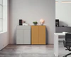 Design-Kombination aus Piure Nex Pur Box 2041100 in Cool Grey und 2041300 in warmem Hazelton – stilvoll arrangiert in einem hellen, zeitgenössischen Arbeitsbereich mit wohnlichem Flair.