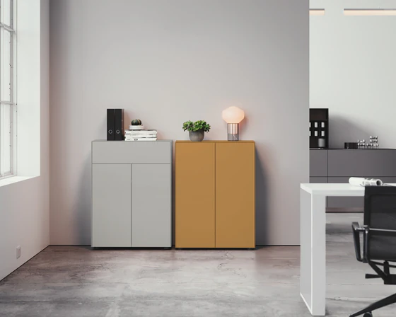 Design-Kombination aus Piure Nex Pur Box 2041100 in Cool Grey und 2041300 in warmem Hazelton – stilvoll arrangiert in einem hellen, zeitgenössischen Arbeitsbereich mit wohnlichem Flair.