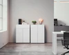 Zwei nebeneinander platzierte Kommoden Piure Nex Pur Box 2041100 und 2041300 in edlem Mattweiß, perfekt integriert in ein modernes Büroambiente mit minimalistischem Look