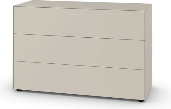 Elegante Kommode Piure Nex Pur Box Modell 1536776 in Seidenbeige mit drei Schubkästen, minimalistisch und modern.
