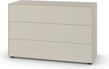 Elegante Kommode Piure Nex Pur Box Modell 1536776 in Seidenbeige mit drei Schubkästen, minimalistisch und modern.