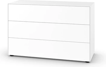 Schlichte weiße Kommode Piure Nex Pur Box Modell 1536776 mit drei grifflosen Schubladen und schwarzem Gleitfuß.
