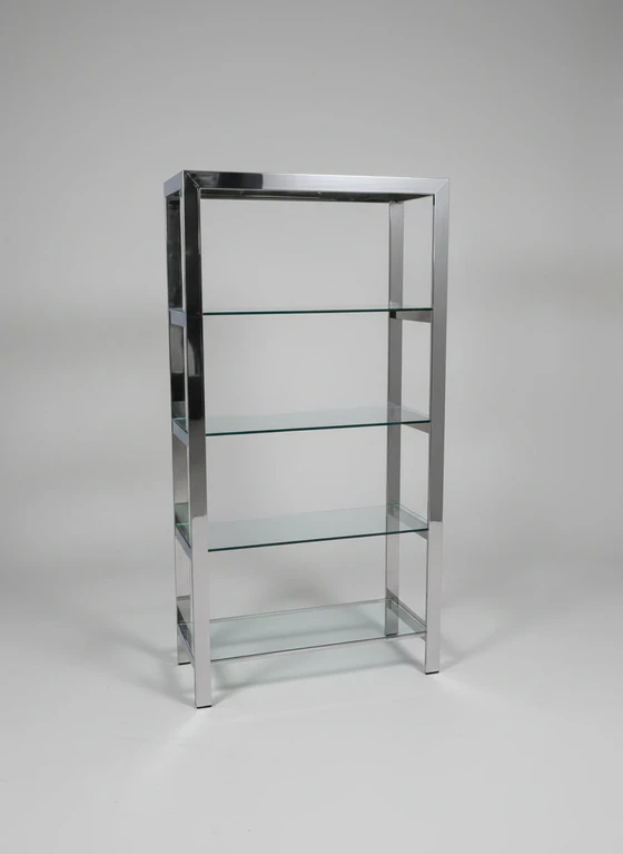 Orsenigo 3143/F.19 – Glasregal/Bücherregal in Nickel hochglänzend, Frontansicht 85×165×32 cm