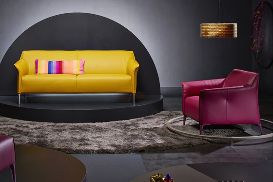Leolux Mayon Sofa in gelb mit Mayuro Sessel in magenta und Hocker, modernes Studioambiente