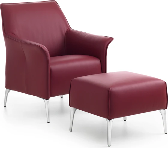 Leolux Mayuro Sessel mit Hocker in bordeauxrotem Leder, elegantes Set mit Aluminiumfuessen