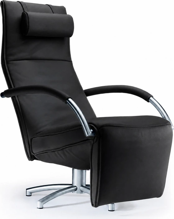 Jori Relaxsessel Mensana JR-7260 in schwarzem Leder mit Nackenrolle, gepolsterten Armlehnen und drehbarem Metallgestell.
