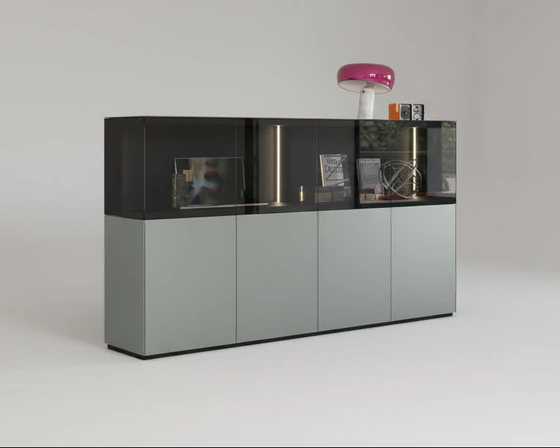 Freisteller: SOMA Highboard 242×124×50 cm, Front in Aluminium Titan & Grauglas