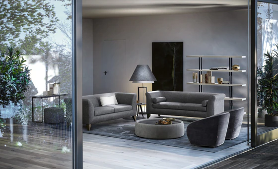 Ottomanne Sofa, Sessel und Hocker in grauem Stoff, wohnliches Ambiente
