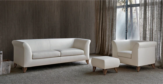 Ottomanne 3-Sitzer Sessel und Hocker Stoff hell , dezente Formensprache