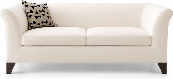 DEMA Ottomanne Sofa 195 cm in Creme als Freisteller im Hochformat, breites Designsofa mit zwei Sitzkissen, geschwungenen Armlehnen und dunklen Holzfüßen.