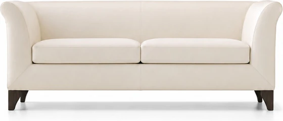 DEMA Ottomanne Sofa 215 cm in Creme als Freisteller im Hochformat, breites Designsofa mit zwei Sitzkissen, geschwungenen Armlehnen und dunklen Holzfüßen.