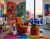 Bullfrog Blobb 1008 Schaukelsessel mit Hocker im Stoff Boheme 1608/39 barrique in moderner farbenfroher Wohnumgebung mit Designteppich und Beistelltisch