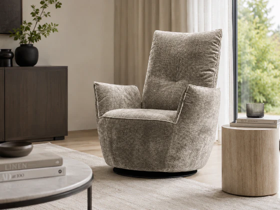 Bullfrog Blobb 1008 Schaukelsessel mit Hocker im Stoff Boheme 1608/21 graubraun, 360 Grad drehbar mit Schaukelfunktion aös Ambientefoto