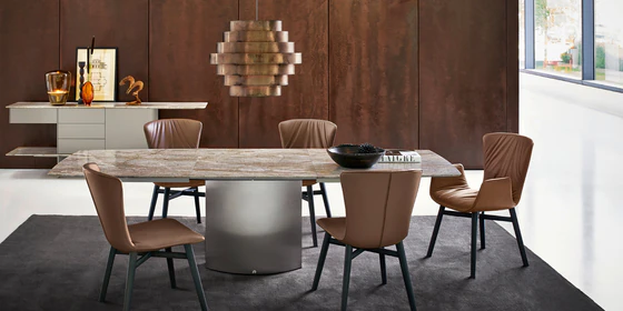Moderner ausziehbarer Esstisch Adler 1224 von Draenert aus Naturstein mit skulpturalem Mittelfuß in elegantem Design, perfekt für stilvolle Essbereiche