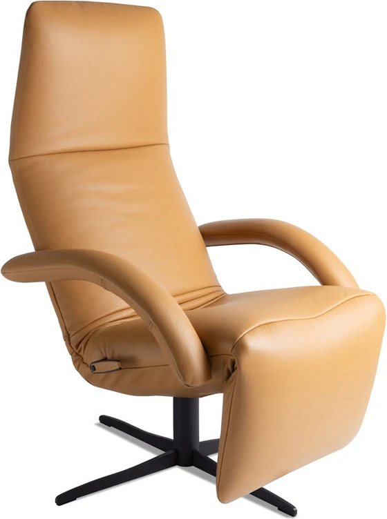 Jori Yoga JR-7360 Relaxsessel in Leder Celia Oro (Whiskyfarben), vollständig zurückgelehnt in Relaxposition, mit schwarzem 4-Stern-Fuß – Aktionsmodell Timeless Icons, Größe Medi Foto stehend