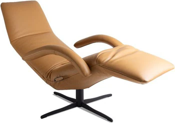 Jori Yoga JR-7360 Relaxsessel in Leder Celia Oro (Whiskyfarben), vollständig zurückgelehnt in Relaxposition, mit schwarzem 4-Stern-Fuß – Aktionsmodell Timeless Icons, Größe Medi Foto liegend