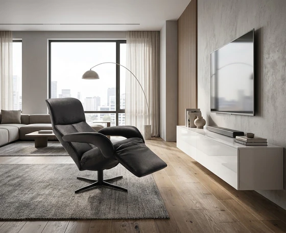 Schwarzer JORI Symphony JR-7960 Relaxsessel aus Leder Cavila Black in einer modernen Wohnumgebung.