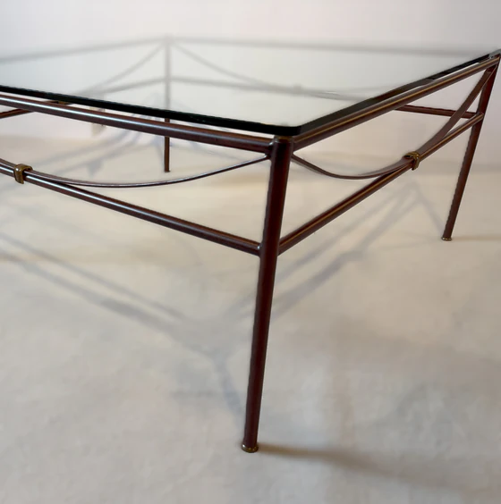 Couchtisch Bielefelder Werkstätten Arc T90, Metallgestell LOA Gold Antin mit Messingdetails und Klarglasplatte, Ausstellungsstück im Landhausstil Detail Fuß