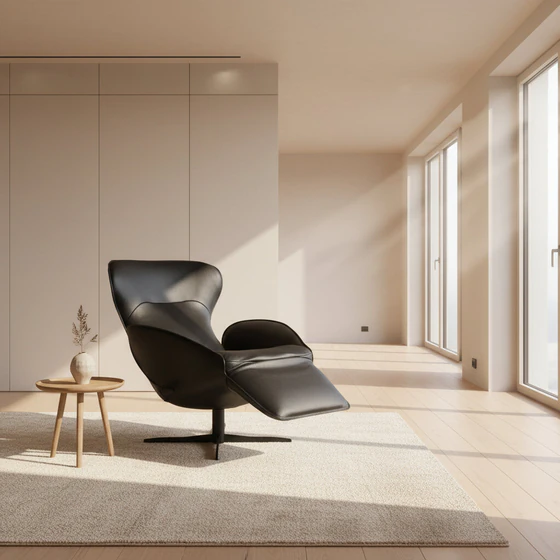 Detailaufnahme der hochwertigen Kaltschaum-Polsterung des JORI Relaxsessels Daydreamer JR-7450 – erstklassiger Sitzkomfort in schwarzem Leder.