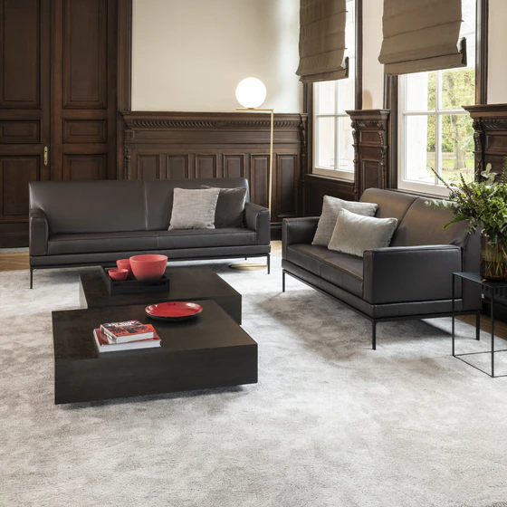 Bild zeigt das Jori Glove Pure Sofa mit weicher Polsterung und fein geschwungenen Linien – luxuriöses Loungesofa in Leder oder Stoff, mit schmaler Silhouette, verstellbaren Armlehnen und zeitlosem Design für anspruchsvolle Wohnräume