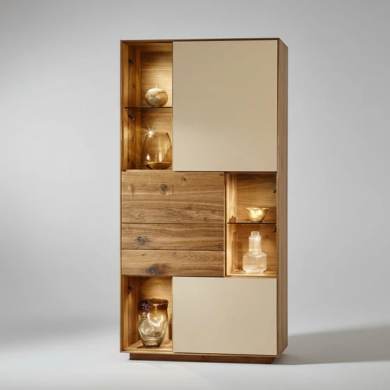 Freisteller: Puro Style SY772 in Astnuss – 2 MDF-Türen lackiert, 1 Holztür & 2 Schubladen mit Zopfbürstung, 3 offene Nische